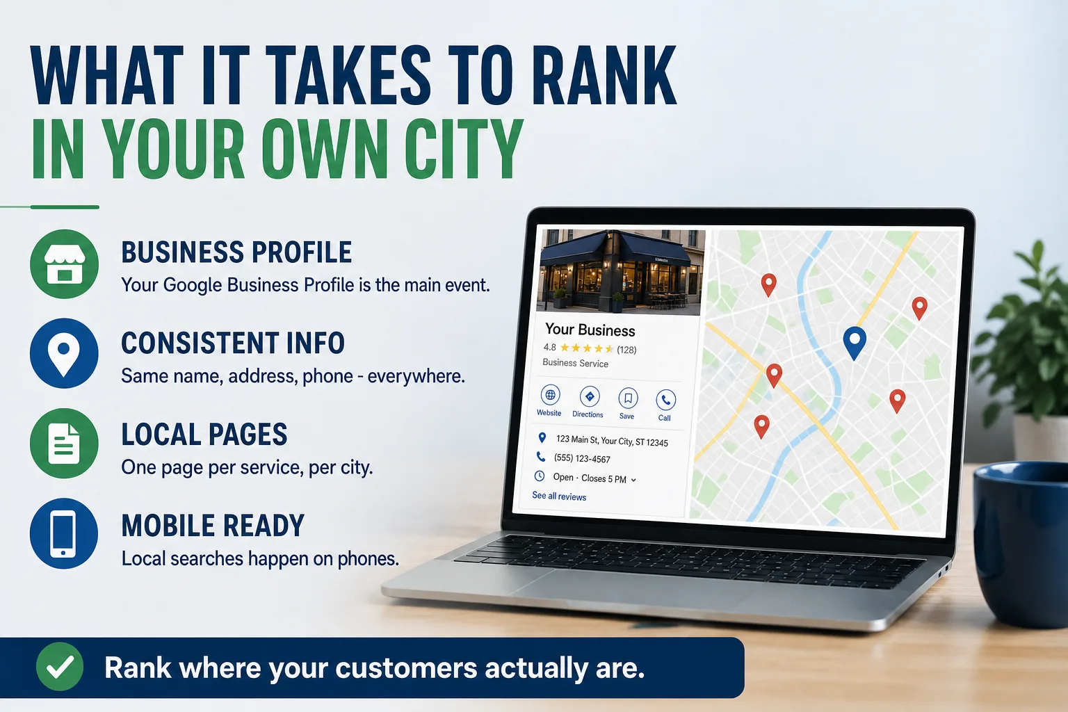 Infographic: what it takes to rank in your own city - Google Business Profile, consistent info, local pages, and mobile readiness