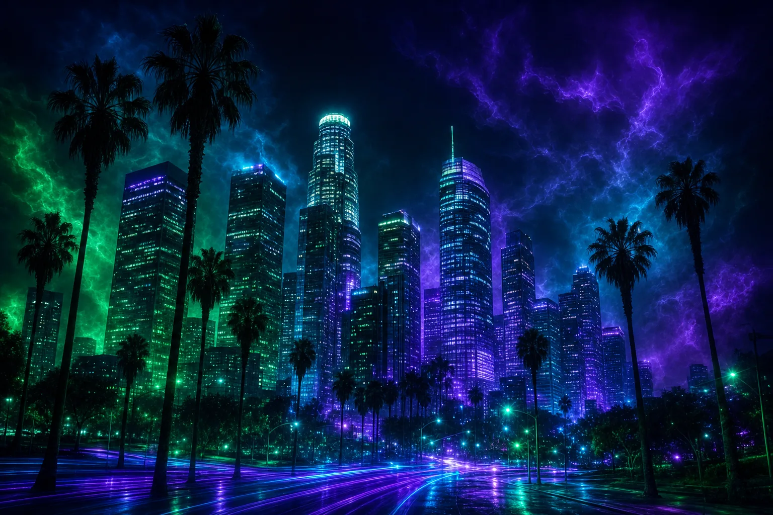 Stylized night view of the downtown Los Angeles skyline with palm trees in silhouette